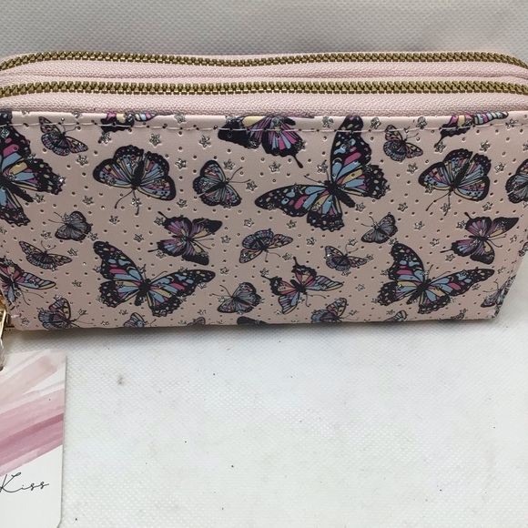 Blush Kiss Glitter Paris Eiffel Tower Butterfly Print Wristlet Wallet - Picture 3 of 10